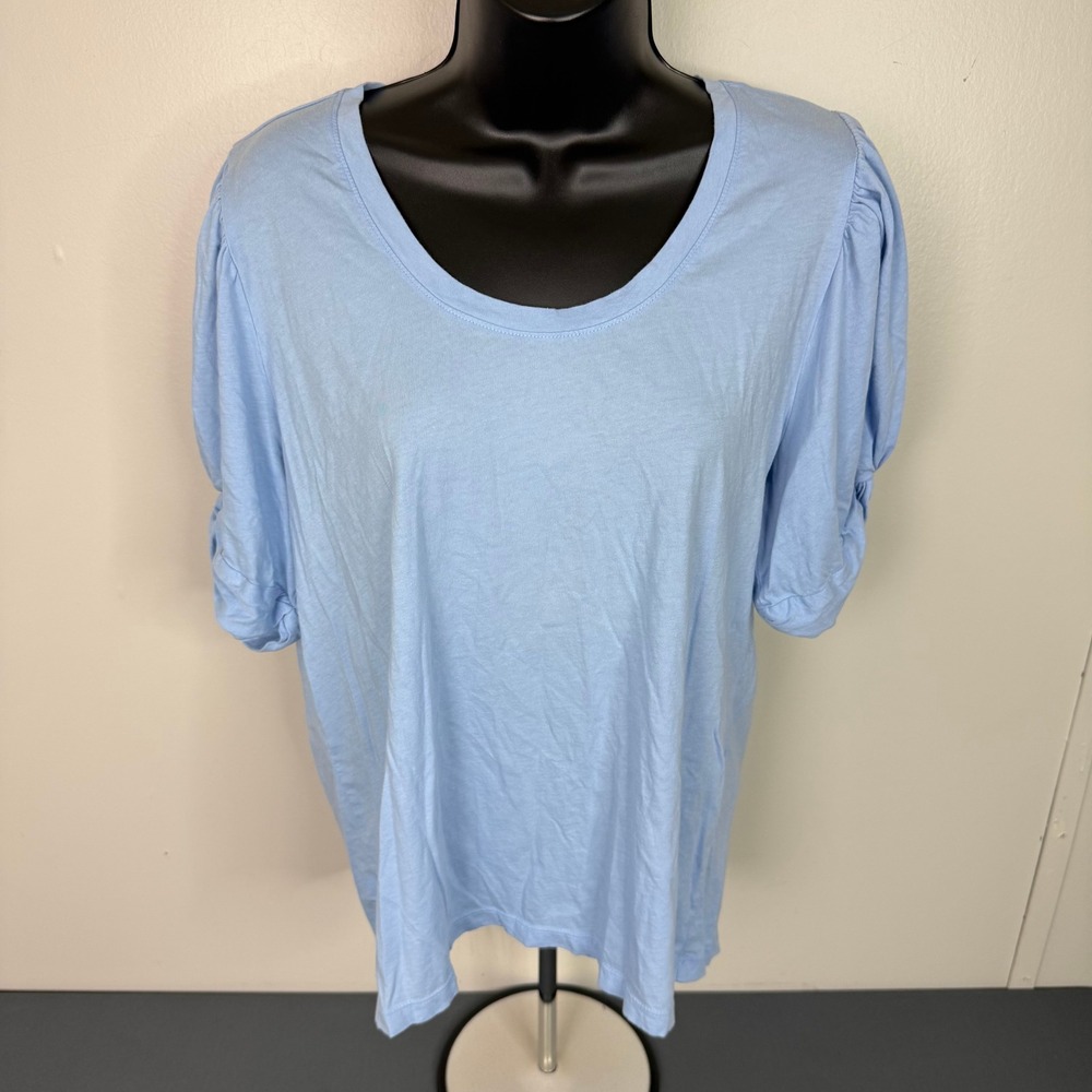 Loft T-Shirt Womens Large Light Blue Puff Sleeve Ruched Scoop Neck Cotton Tee